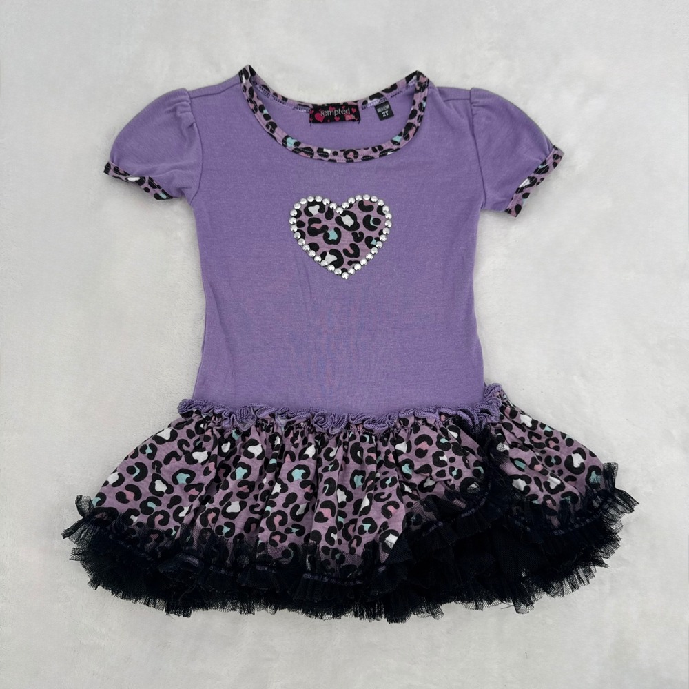 Tempted Girls Tutu Dress Toddler 2T Purple Leopard Heart Rhinestone Y2K McBling